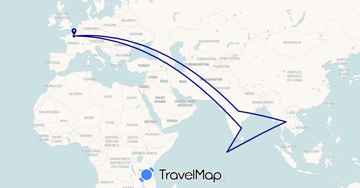 TravelMap itinerary: driving in France, India, Maldives, Thailand (Asia, Europe)